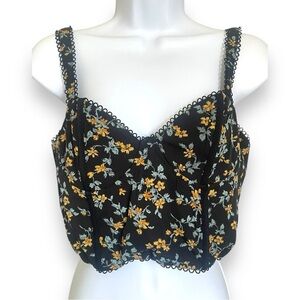 Blush BJ Black Floral Lace Trim Crop Top – Bustier Crop, Zipper Back, Size L